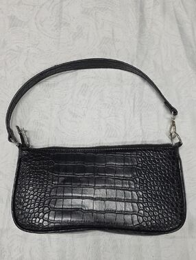MW Mania World Black Croc Embossed Baguette Shoulder Bag